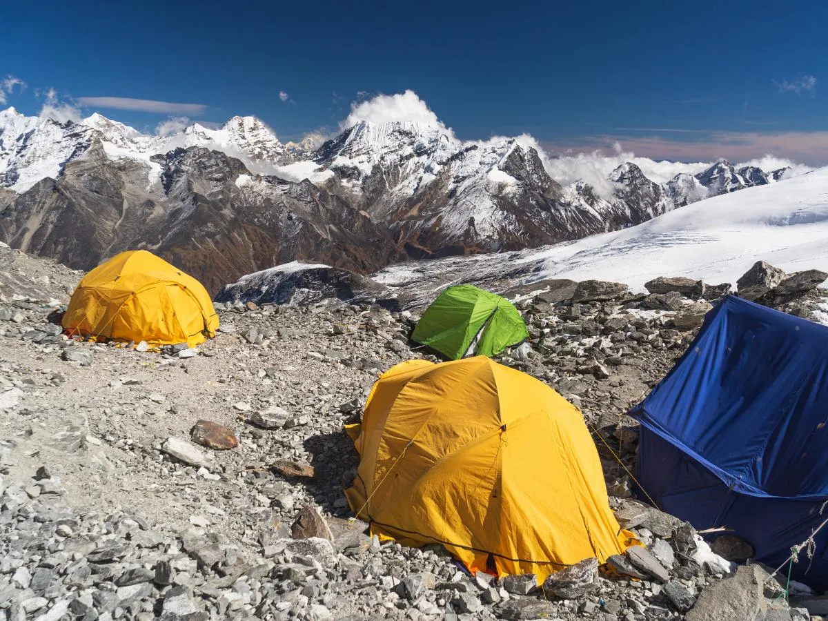Mera peak high camp surrounded by Himalaya mountain in Mera region, Nepal