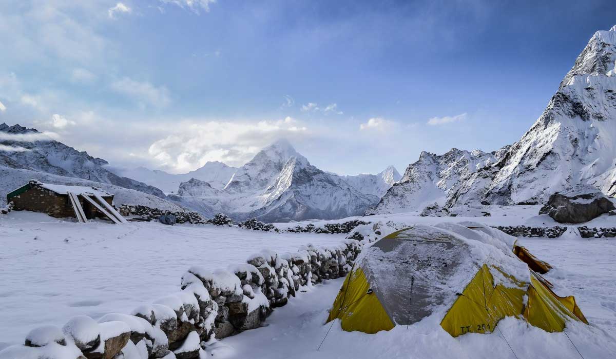 camping tents with snow  